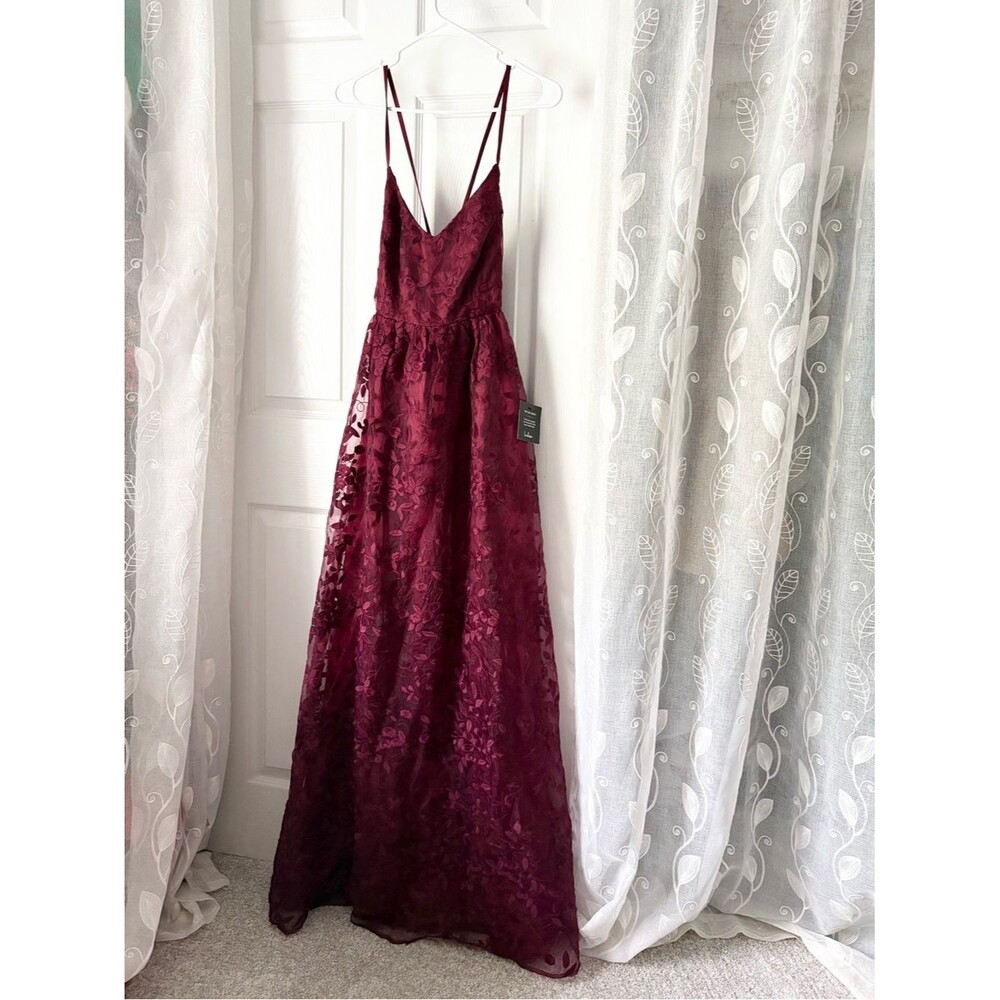 New Lulus Always With You Burgundy Floral Embroidered Organza Maxi Dress sz S